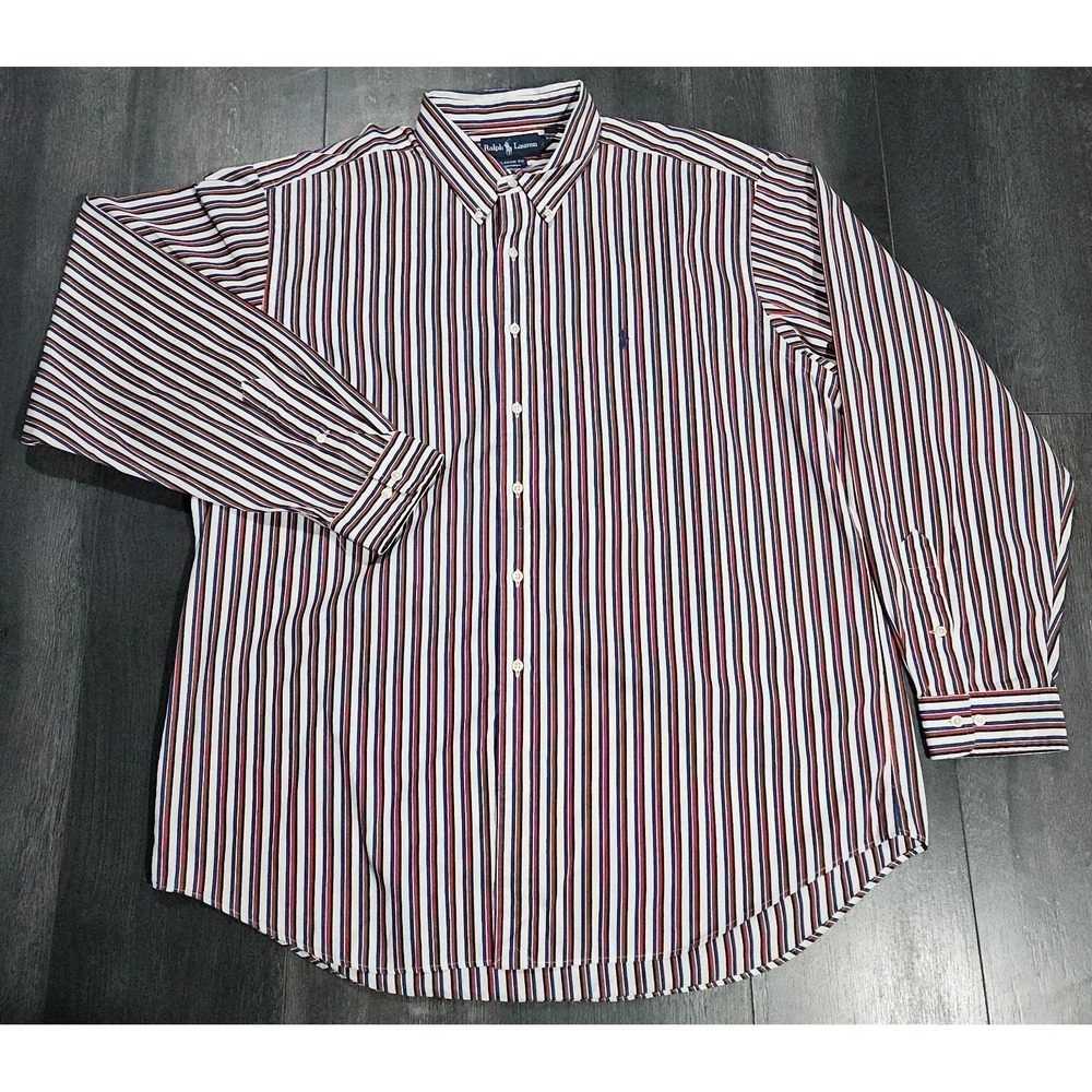 VTG Polo Ralph Lauren Classic‎ Fit Button Shirt Men 2XL Red Striped Pony Preppy